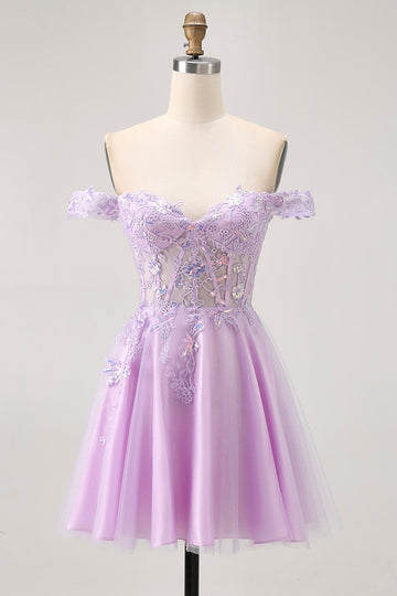 Robe de retour à la maison florale trapèze lilas à épaules dénudées avec appliques